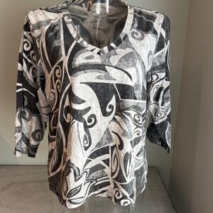 Vintage Chico's Monochrome Swirl Long Sleeve stretchy T. Chicos Sz 3 (14-16)